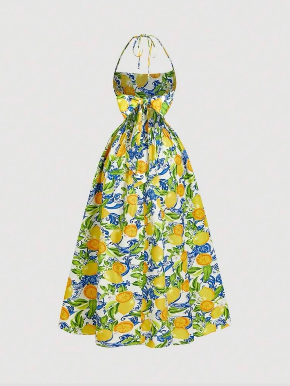 Bow-Tie Strap Lemon Print Floral Dress - Picture 3 of 6